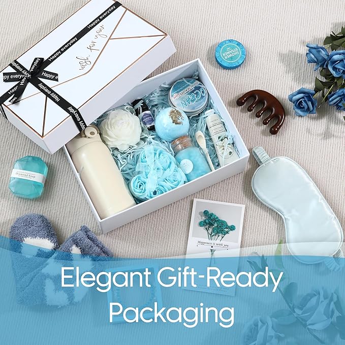 Sea Team 16-Pack Relaxing SPA Gift Set for Women, Valentine Day Gift, Shower Kit with Bath Bomb, Bath Salt, Handmade Soap, Cream, Essential oil, Gift Box Included, Bluebell