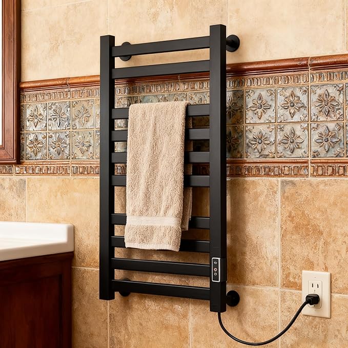 Verida Towel Warmer Rack, Heated Towel Rack for Bathroom, Wall-Mounted Plug (Not Hardwired), Aluminum Alloy, with Timer and Temperature Adjustment, Overheat Protection Function(Large Black)