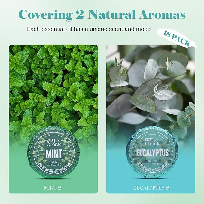 W&E Choice Shower Steamers Aromatherapy 18 Counts, Christmas Gifts for Women, Shower Bombs Individual Package, Eucalyptus Mint Essential Oils for Daily Relaxation & Stress Relief, Gift for Wife, Mom