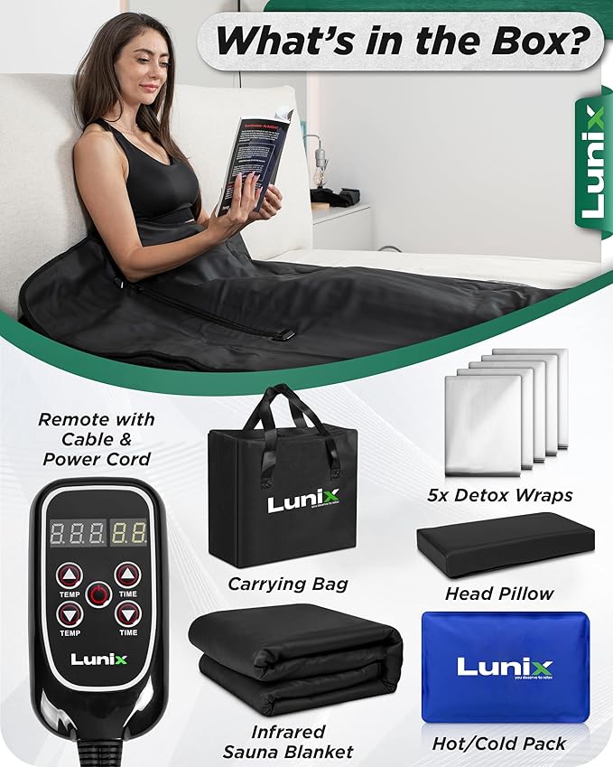 Lunix LX17 Infrared Sauna Blanket, Portable Sauna Bag for Relaxation, Detox & Stress Relief, Adjustable Heat 77–176°F, Far Infrared Blanket with Pillow, Wrap & Hot Cold Gel Pack – Jet Black