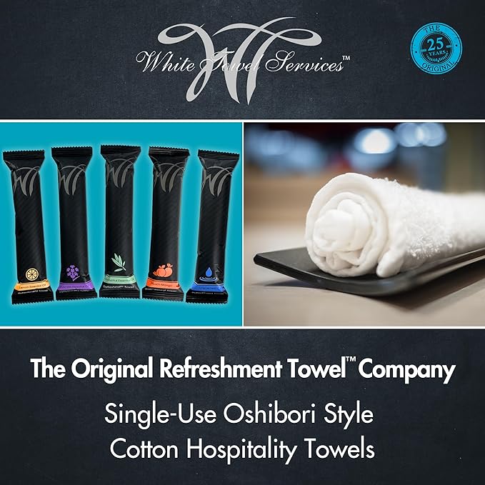 White Towel Services 8" x 8" inch Moist Cotton Towel Individually Wrapped - Lemon and Lavender (Case of 100) - Single-Use Oshibori Style Cotton Hospitality Towels