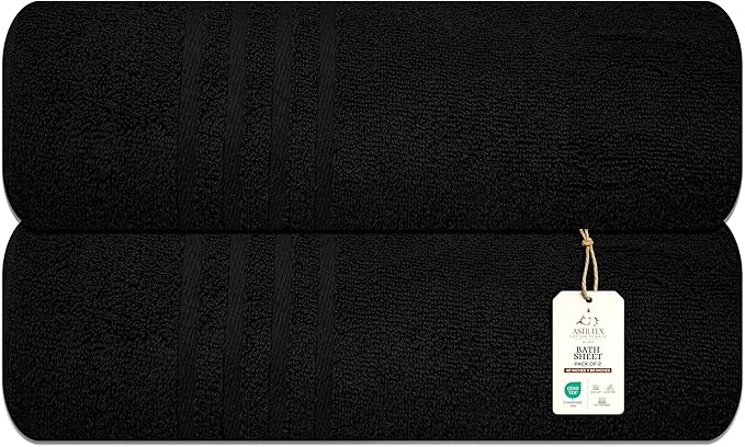 Pack of 2 Jumbo Bath Sheet 40 x 80 Inches, Extra Large Lightweight & Quick Dry Bath Towel, Super Soft & Highly Absorbent – 100% Cotton, Perfect to Wrap Yourself in – Black