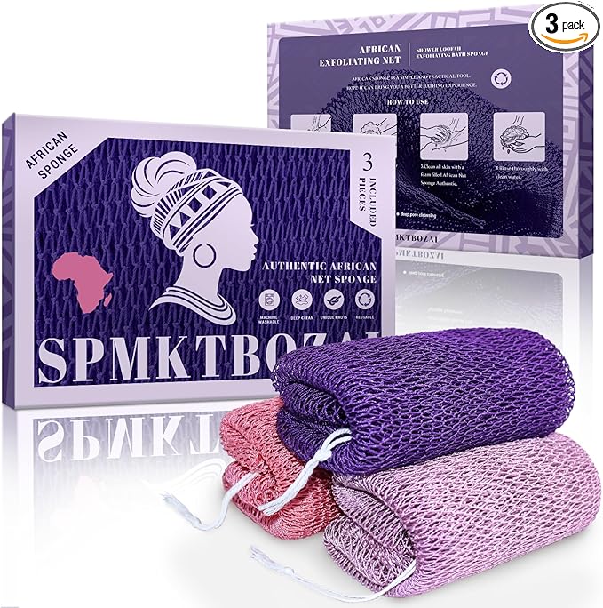SPMKTBOZAI African Net Sponge Authentic, 3 Pieces African Exfoliating Sponge Real African Net, Shower Loofah Exfoliating Bath Sponge, Body Scrubber for Women and Men Daily Use Body Care