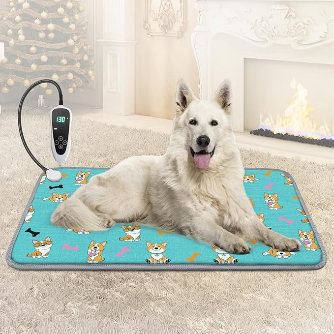 GOLOPET Large Dog Heating Pad 34x21in with Smart Thermostat Switch and Power Line Protection Tube,Obtained MET and UL Dual Certification,Waterproof Pet Pad, Suitable for Dogs of All Ages-Blue