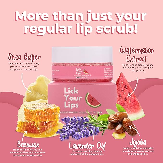 Watermelon Sugar Lip Scrub for Women Dry, Cracked and Dark Lips – Lip Scrubber Exfoliator & Organic Lip Scrubs Exfoliator and Moisturizer with Lip Brush – Vegan, Cruelty-Free Lip Care Products (20g)