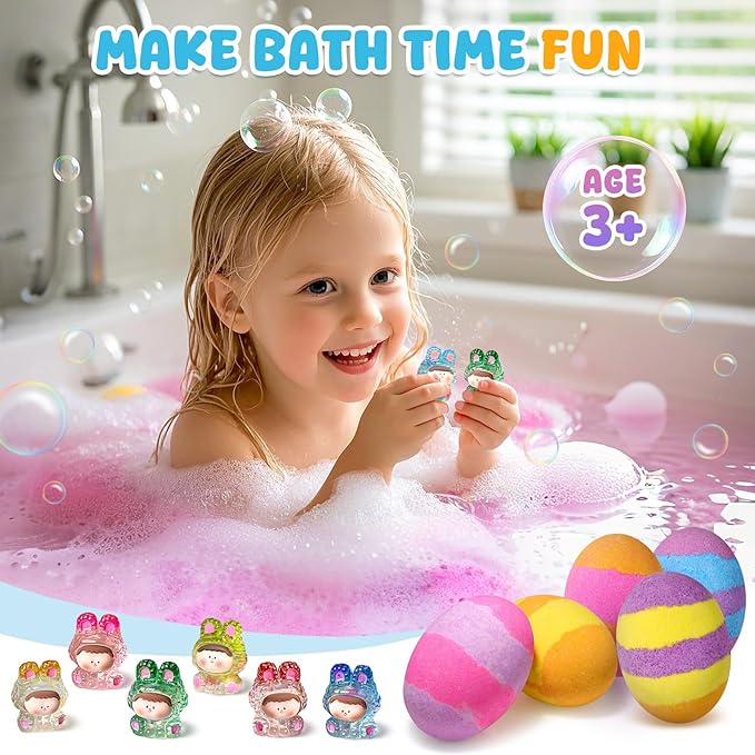 Qivatex Bath Bombs with Toys Inside, Easter Basket Stuffers, Natural & Organic Kids Bath Bombs, Bubble Bath Birthday Easter Gifts Set for Kid Boys and Girls Ages 3+