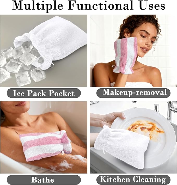 VOOVA & MOVAS 6-Pack Bath Mitts for Shower, 100% Cotton Soft Absorbent Wash Cloths with Hanging Loop, 8.3x6.3 Inch European Style Bathing Gloves for Body & Spa, Pink Stripe & White