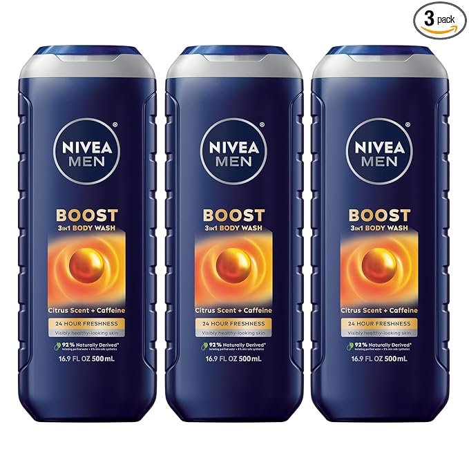 NIVEA MEN Boost Body Wash, Citrus Scent and Caffeine Enriched, 3-in-1 Men's Body Wash, Face and Hair, Paraben Free, Vegan Formula, 16.9 Fl Oz Bottle, Pack of 3