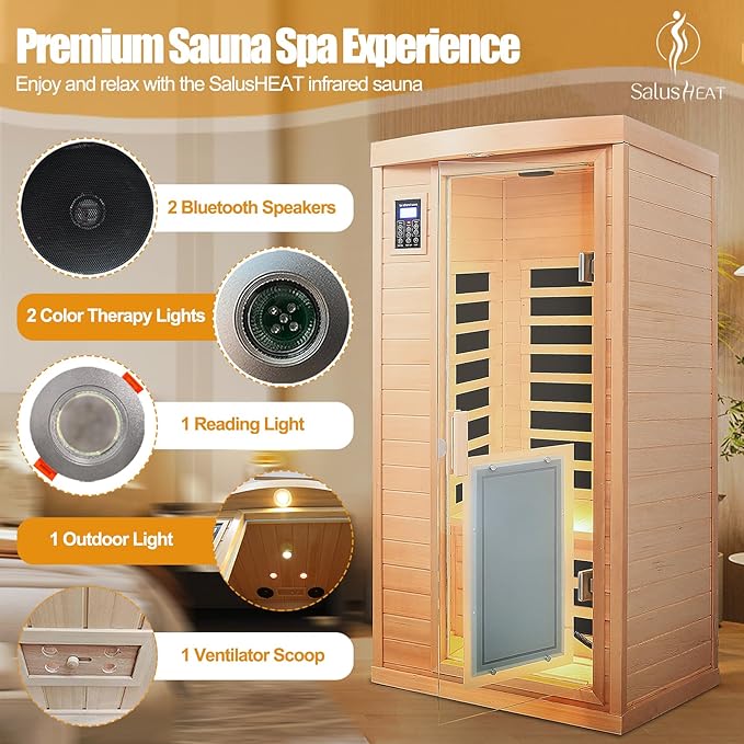 Far Infrared Sauna 1 Person Infrared Home Sauna Room 0-5mG Utra Low EMF Home Sauna Spa 1460W Canadian Hemlock Wooden Indoor Dry Sauna with Door Heating Plate, 2 Control Panels
