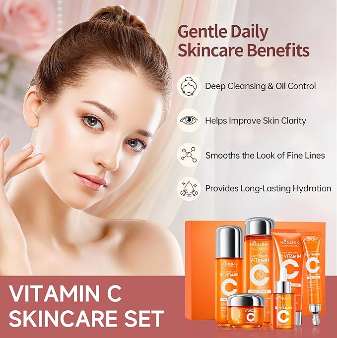 6-Piece Hydrating Skincare Set with Vitamin C & Niacinamide, Face Care Kit Includes Toner, Serum, Cleanser, Moisturizer, Eye Cream & Body Lotion | Mother’s Day Gift for Women