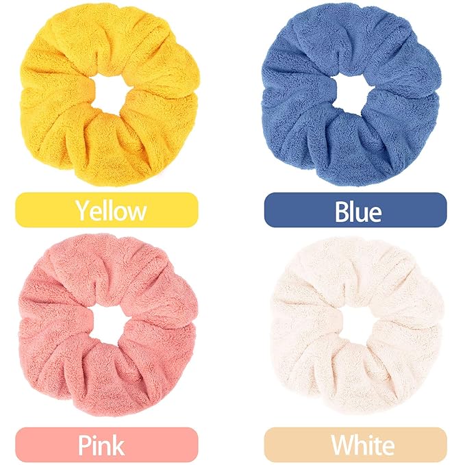 4 Pieces Large Towel Microfiber Drying Soft Scrunchies Thick Scrunchies Fuzzy Scrunchy Ponytail Holder for Hair Light Bobbles Ropes Wet and Dry Hair Accessories (Classic Colors)
