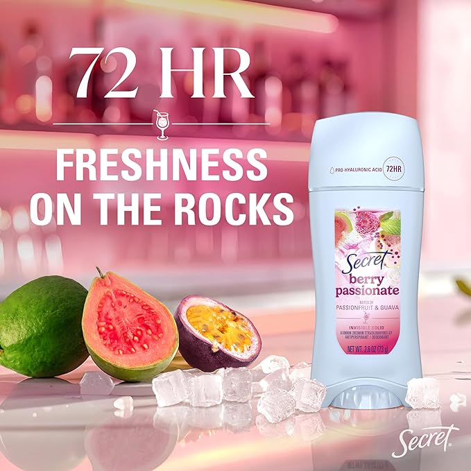 Secret Fresh Antiperspirant Deodorant for Women, 72hr Freshness on the Rocks with Pro-Hyaluronic Acid, Miami Mocktail Edition, Invisible Solid, Berry Passionate with Passionfruit & Guava Scent, 2.6 oz