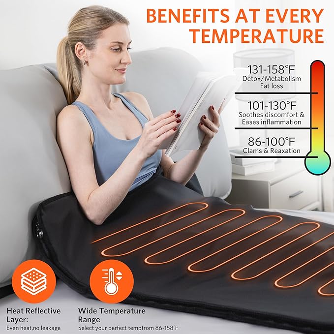 Low EMF Infrared Sauna Blanket for Detox and Home Relaxation, Adjustable 20-60 Min Timer, 95-167℉ Temp Range, 6 ft x 2.95 ft, Durable PU Leather Cover