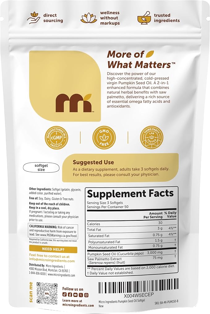 Micro Ingredients Pumpkin Seed Oil with Saw Palmetto, 150 Softgels | Cold Pressed, Pure Virgin Oil, Essential Fatty Acids, & Phytosterols | Natural Herbal Supplement | Non-GMO
