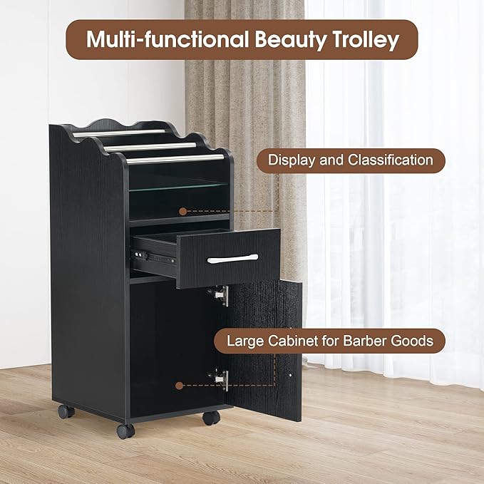BarberPub Salon Cart with Storage Cabinet with with Drawers Engineered Wood, Rolling Salon Cart for Hair Stylist, Barber Trolley with Wheels, Beauty Organizer 2013 (Black)