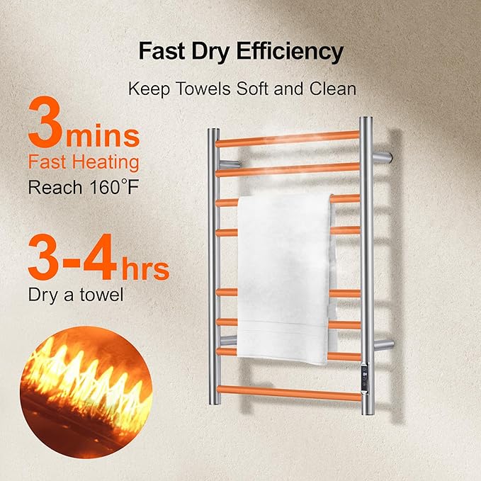 Towel Warmer Bathroom Wall Mounted Drying Rack Plug-in Electric Heated Towel Rack Stainless Steel Brushed Timer & Temperature Control 8 Bar
