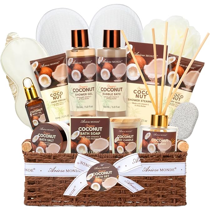Spa Gift Basket for Women, Coconut Bath and Body Gift Basket with Shower Steamers, Scented Candle, Luxury Bath Gift Set for Mothers Day, Valentines Day, Birthday, Unisex Gift for Women, Men