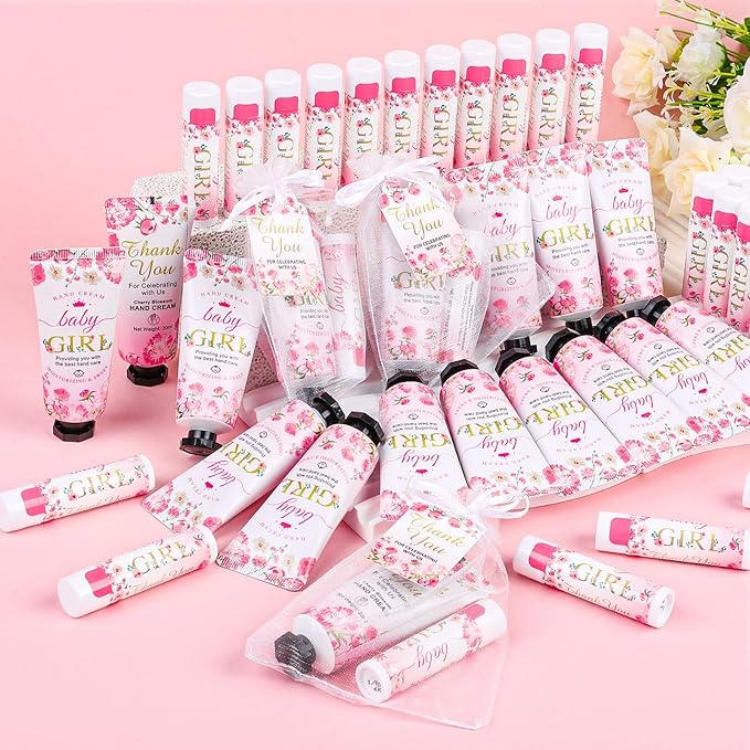 VISCOO 45 Sets Baby Shower Hand Cream and Lip Balm Gifts, Baby Shower Party Favors for Guests, Hand Cream Set for Bridal Wedding Thank You Gifts with Card Organza Bag, Travel Size (Girl)