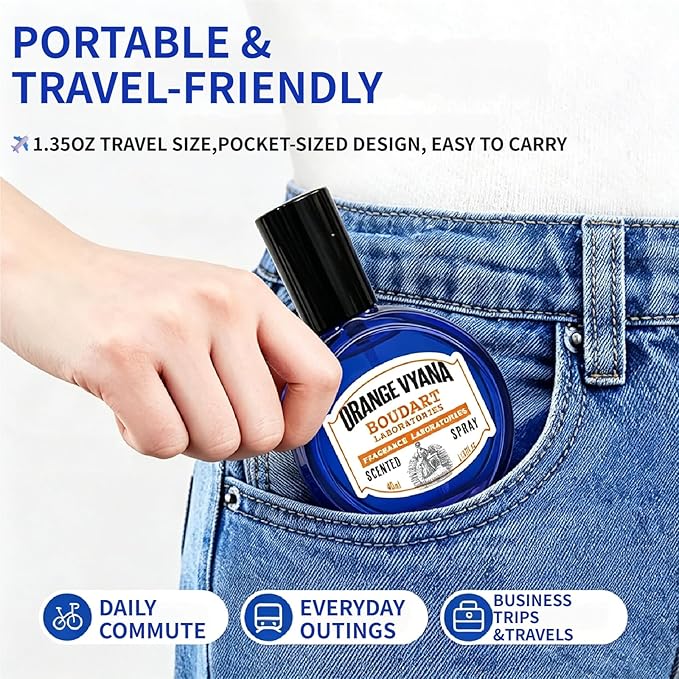 Travel Fabric Refresher Spray – Odor Eliminator & Wrinkle Release, TSA Approved 40ml for Gym Hotel Office Clothes Sofa CurtainsOrange Vyana Scent – Boudart Labs
