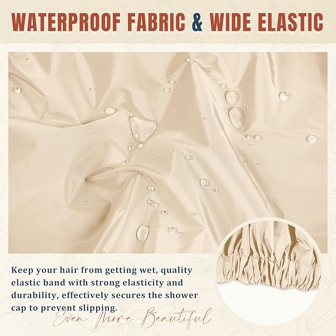 Reusable Shower Cap for Women, Large Waterproof Shower Bonnet with Elastic Band, Washable Bath Hair Cap for Long, Curly Hair, Braids, Daily Shower, Home Spa, Travel(Champagne)