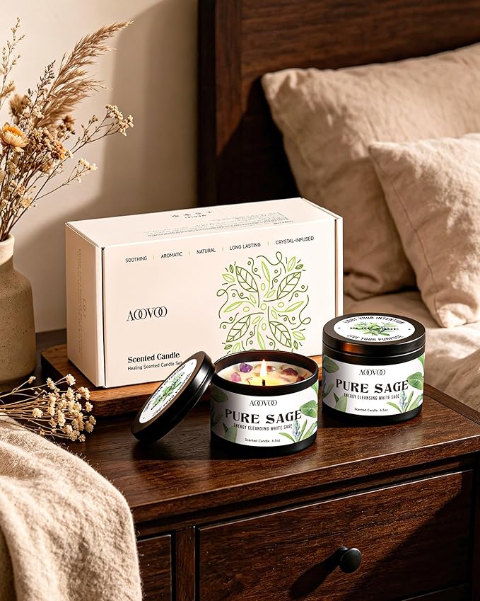 AOOVOO 2 Pack Sage Candles - Cleansing Candle with Crystals & Sage Leaves Inside, 13oz 100 Hours Long Lasting, Non Toxic Candle for Spiritual House Energy Meditation Yoga