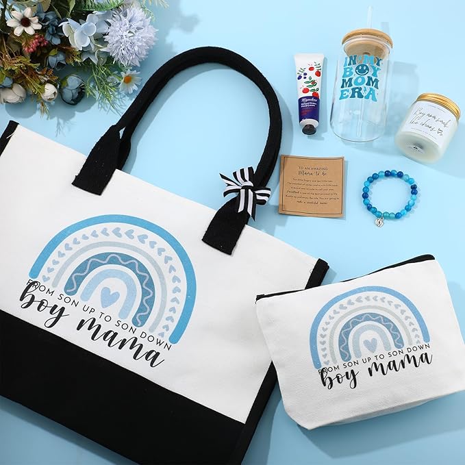 7 Sets Boy Mother Gifts for New Mom Gifts Tote Bag Makeup Bag Candle Bracelet Cup Hand Cream for Mother Day Women After Birth Pregnancy Present First Time Expecting New Mommy Essentials