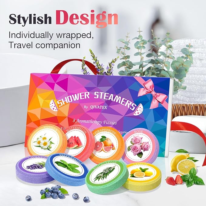 Qivatex Shower Steamers Aromatherapy, Mothers Day Gifts for Mom, Birthday Gifts for Women Teen Girls Wife Mom, Natural Essential Oil SPA Self Care Relaxation Shower Bombs (8 Pack)