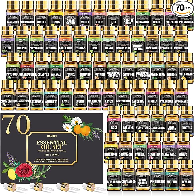 NESCCI 70 Pcs Essential Oil Set - Essential Oils-Perfect for Diffuser, Humidifier, Soap, Candle, Bath Bombs Making, 70 * 5ML (0.17oz)