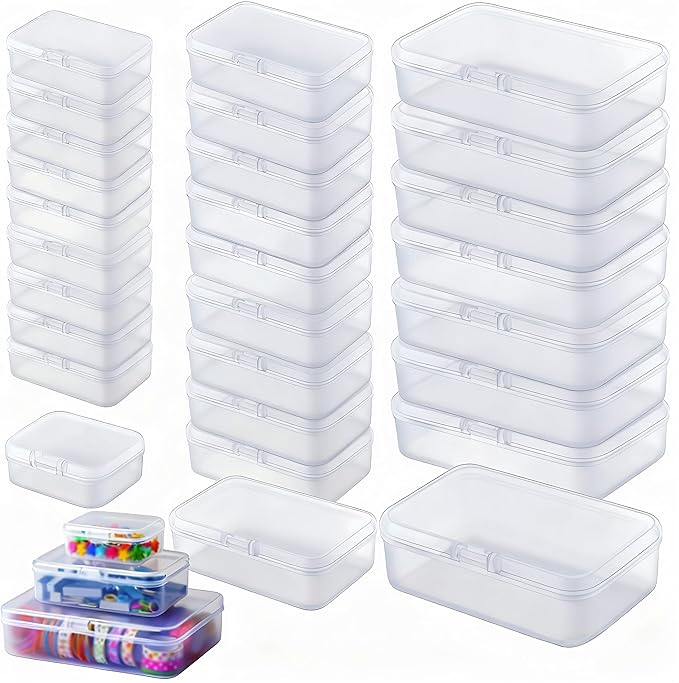 LJY 28-Piece Plastic Storage Containers with Lids (3 Assorted Sizes), Rectangular Organizer Box Set Frosted White Storage Boxes for Office Desk & Personal Items, Matte Privacy Finish, White