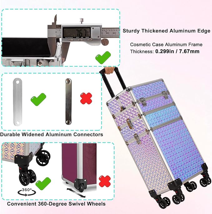 3 in 1 Rolling Makeup Train Case Professional Large Cosmetic Trolley Cosmetology Case on Wheels Traveling Cart Trunk for Hairstylist Artist Nail Beauty Salon Barber, Silver
