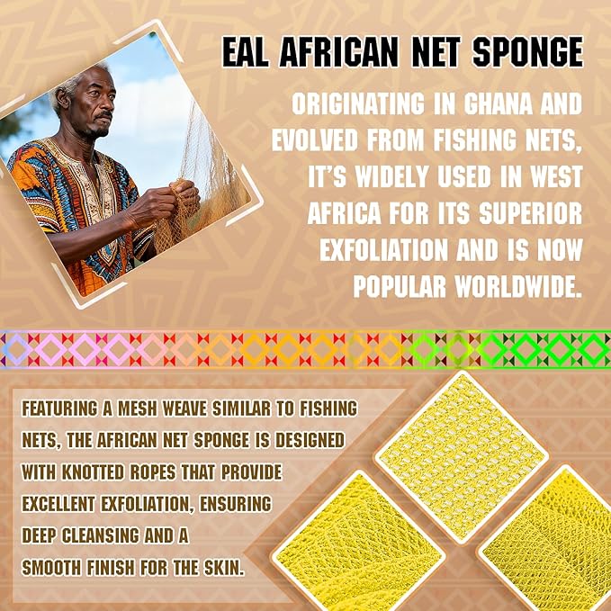 Authentic African Net Sponge - 2 Pieces Deep Clean Exfoliating Sponge - Soft Weave for Gentle Exfoliation, All-Skin-Type Shower Accessory (Yellow Blue)