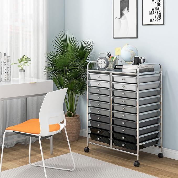 Giantex 20 Drawers Rolling Cart, Mobile Storage Drawer Cart, Classroom Organizer Cart for Office School Supplies Teacher Tools Paper Craft Small Printer, Utility Cart on Wheels, Gradient Grey