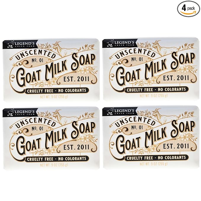Legend's Creek Farm Goat Milk Soap - Triple Milled Cleansing Moisturizing Bar for Hands and Body - 9 Oz Creamy Lather, Nourishing, Natural Soap for Sensitive Skin (Unscented, Pack of 4)