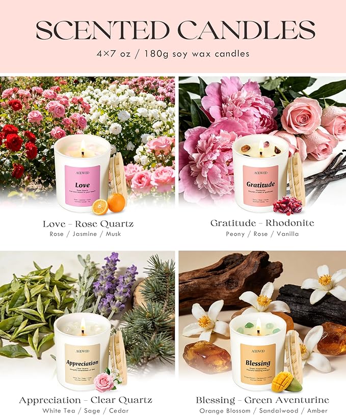 AOOVOO Mothers Day Candles Set for Mom - 4 Pack Candles for Home Scented, Aromatherapy Candle with Crystals, Gratitude Rhodonite/Appreciation Clear Quartz/Blessing Aventurine/Love Rose Quartz
