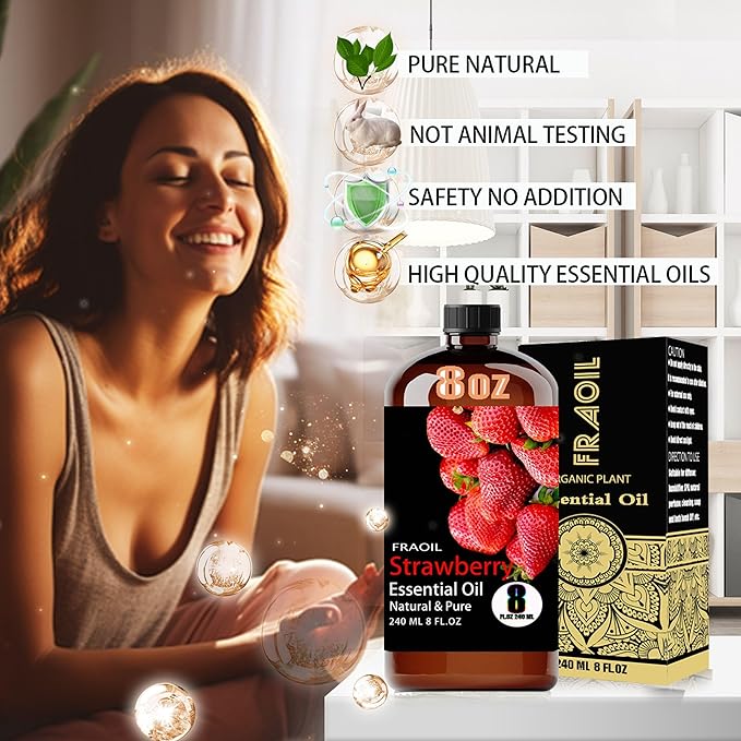 Strawberry Essential Oil, Strawberry Oil 8 Fl Oz 240ML for Diffuser Humidifier Yoga Cleaning DIY Candle Soap Making Perfume Gift for Women Essential Oils FRAOIL (Strawberry 8 Fl Oz (Pack of 1))