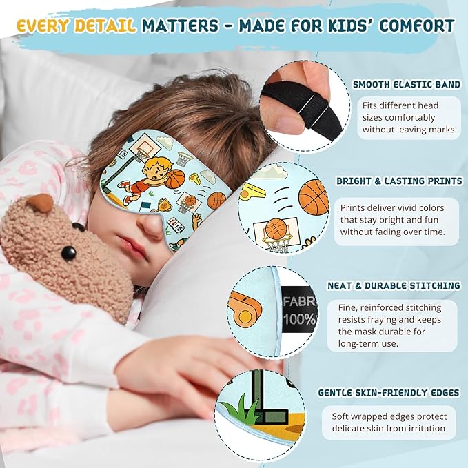 Kids Sleep Mask – 100% Mulberry Silk Eye Mask with Adjustable Strap, Soft Light Blocking Sleeping Mask for Children, Cute Printed Eye Cover for Boys Girls Ages 5-15 (Basketball Style)