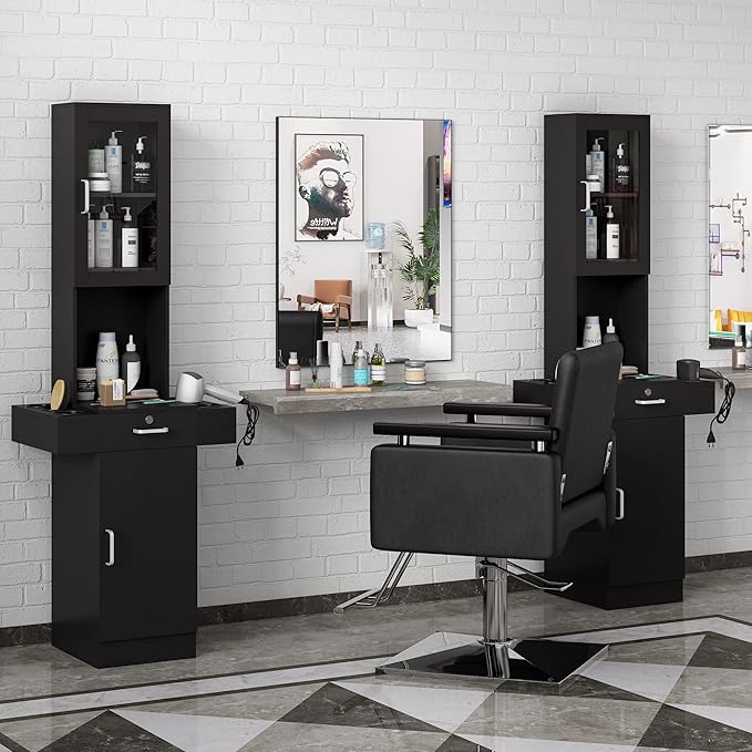 RESHABLE Salon Station for Hair Stylist,Hair Styling Organizer Equipment with Glass Door,6 Tool Dryer Holders, 2 Storage Cabinet ，Beauty Spa Barber Equipment, Black