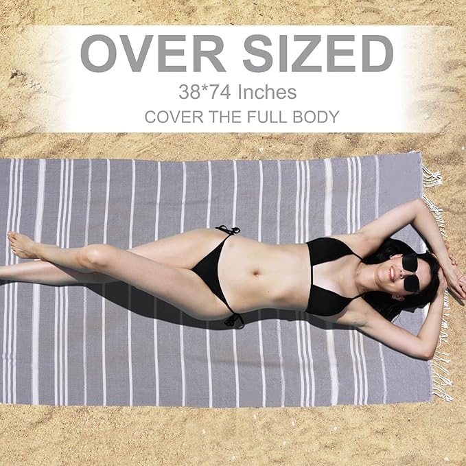 Genovega 6 Packs Oversized Turkish Beach Bath Towel Set Bulk 74"x38" Extra Large Sand Free Quick Dry Swim Camping Pool Clearance Towels Travel Blanket Adult Essentials Light Blue Grey Coral Stripe
