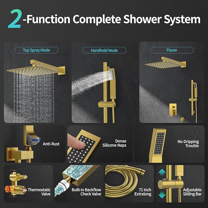 SR SUN RISE 12 Inch Brushed Gold Shower Faucet Set, Wall-Mount Adjustable 16-Inch Slide Bar with Square Hand Shower System Included Valve and Trim Kit