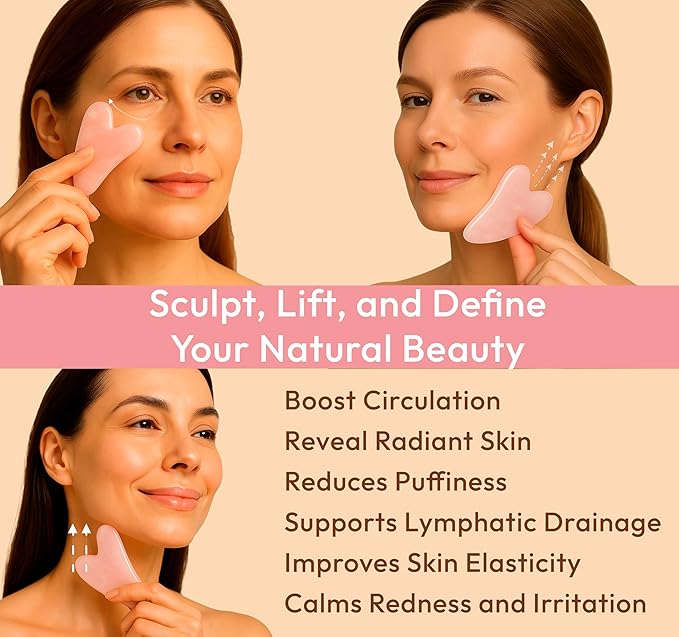 Rose Quartz Gua Sha Facial Tool Heart-Shaped Crystal for Puffiness, Lymphatic Drainage & Facial Sculpting – Hand-Carved Brazilian Stone for Face, Neck & Body