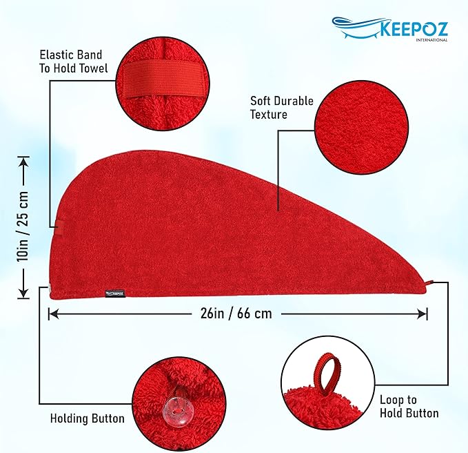 KEEPOZ Hair Towel Wrap Quick Dry 100% Cotton Super Absorbent Turban Head Wrap for Women with Button, Non Microfiber Anti Frizz Hair Cap for Curly, Long & Thick Hair (Pink+Red, 2 Pcs)