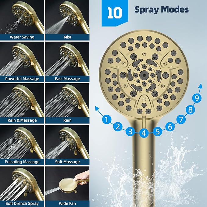 Hibbent All Metal CUPC Certified Shower Head, 10'' High Pressure Rainfall Shower Head, Handheld Showerhead Combo, 12'' Adjustable Extension Arm, 10 Sprays, 71'' Hose, Shower Holder, Brushed Gold