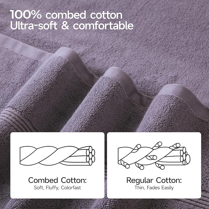 ecolook Bath Towels Set of 4,100% Cotton,27 x 55 Inches,Quick-Drying & Absorbent,Soft,Lightweight Towels for Bathroom,Shower,Spa, Gym & Hotel,Purple