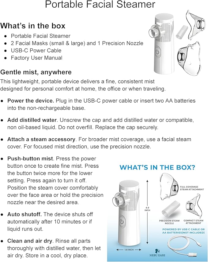 Nebu Ease Portable Facial Steamer & Personal Fine Mist Device – Handheld Rechargeable Mist Unit with Dual Output Levels, Compact Travel Design, Includes Multi-Use Attachments