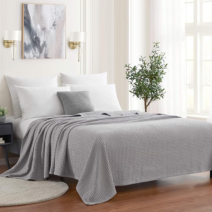 Sweet Home Collection 100% Fine Cotton Blanket Luxurious Weave Stylish Design Soft and Comfortable All Season Warmth, Full/Queen, Waffle Weave Silver