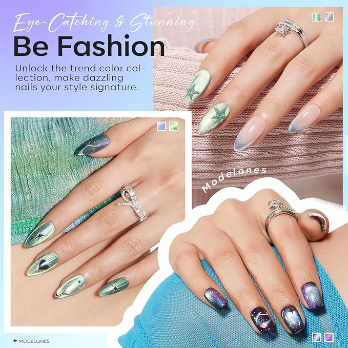modelones Cat Eye Gel Nail Polish Set, 6 Colors Aurora Galaxy Pearlescent 9D Cateye Glitter Gel Polish kit Blue Green Purple Mermaid Nail Polish with Magnet Soak Off LED Nail Art Starter Kit DIY Gift