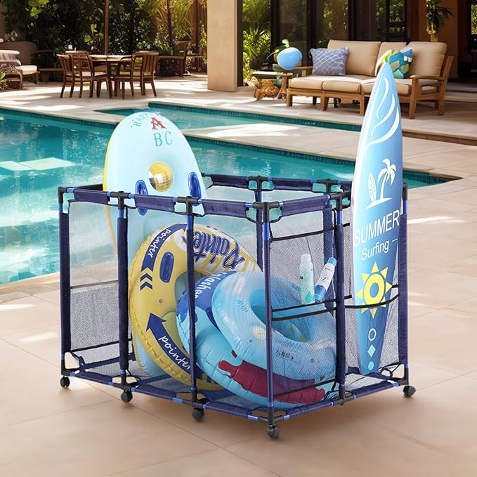Tiita Pool Storage Bin, Rolling Pool Toy Storage Organizer, Parts & Accessories，Pool & Spa Replacement Parts（Blue）