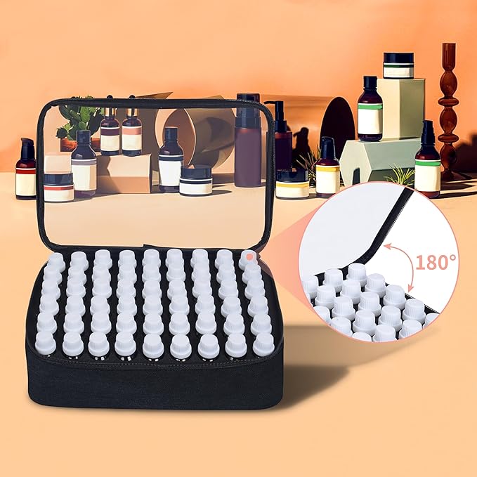 Essential Oils Carrying Case Holds 54 Grids for 1-3ML Roller Bottles 5ml, 10ml, 15ml Bottles Storage Organizer Bag Transparent, Essential Oil Bag with Detachable Pad Black