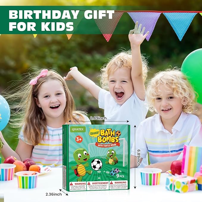 Qivatex Bath Bombs with Surprise Toys Inside, Soccer Gifts for Kids Boys Girls, 9 Kids Bath Bombs Gift Set, Handmade Nature Bubble Bath Fizzes Bomb, Birthday Gifts for Kid