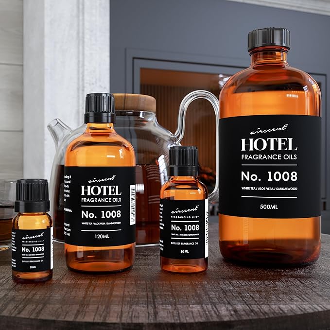 AirScent Hotel Diffuser Oil No. 1008 - White Tea, Aloe Vera & Sandalwood - Hotel Scent Dupe - Premium Fragrance Oil for Ultrasonic and Waterless Diffusers and Crafting - 10 mL, .34 fl oz Glass Bottle